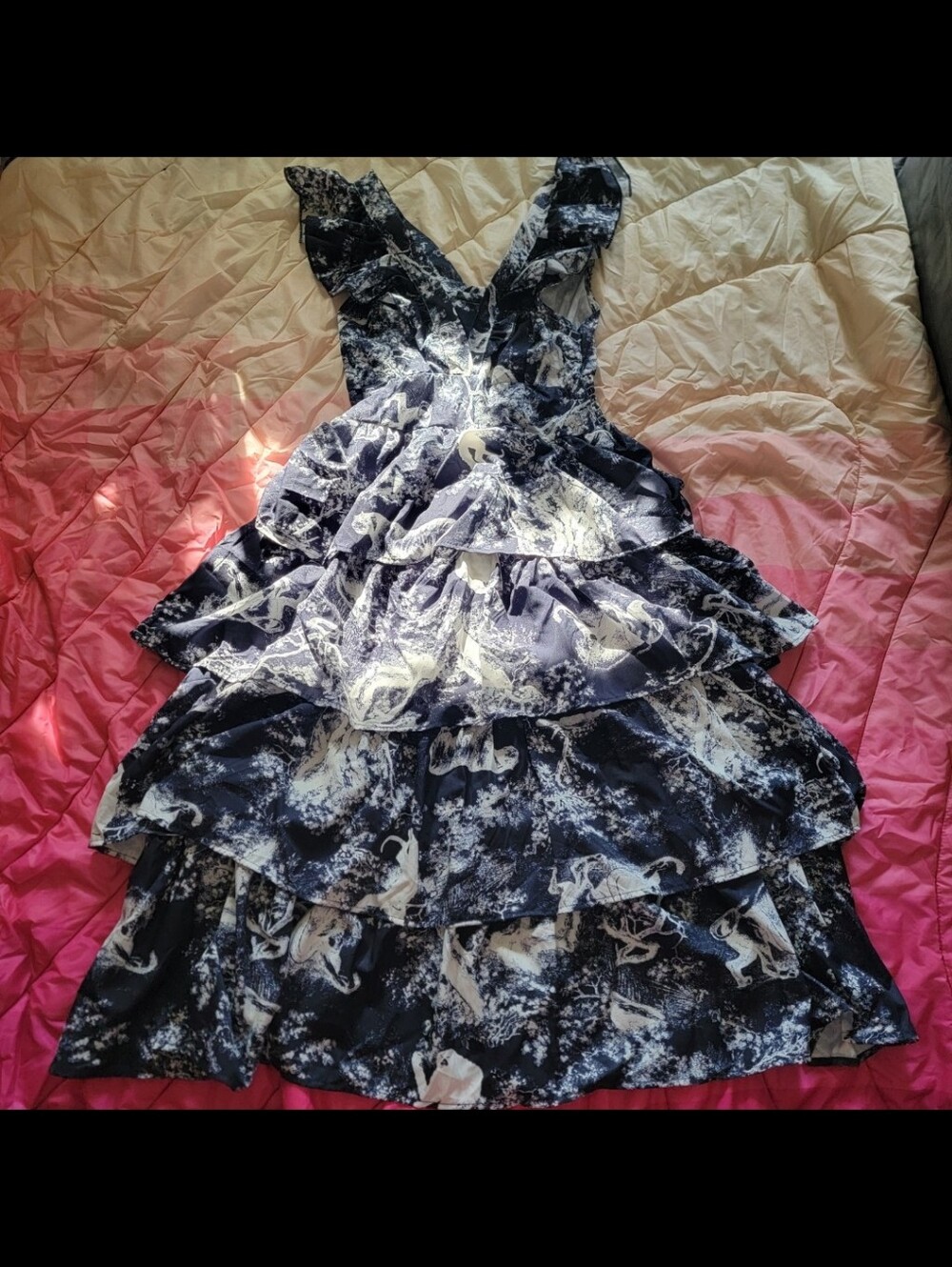Navy & White Tiered Ruffle Dress with Toile Animal Print